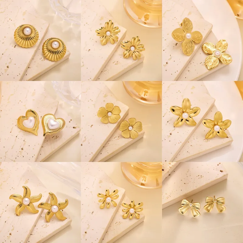 New Pearl Flower Titanium Steel Ear Studs Female French Entry Lux Niche High Sense 18K Gold Earrings Earrings Wholesale